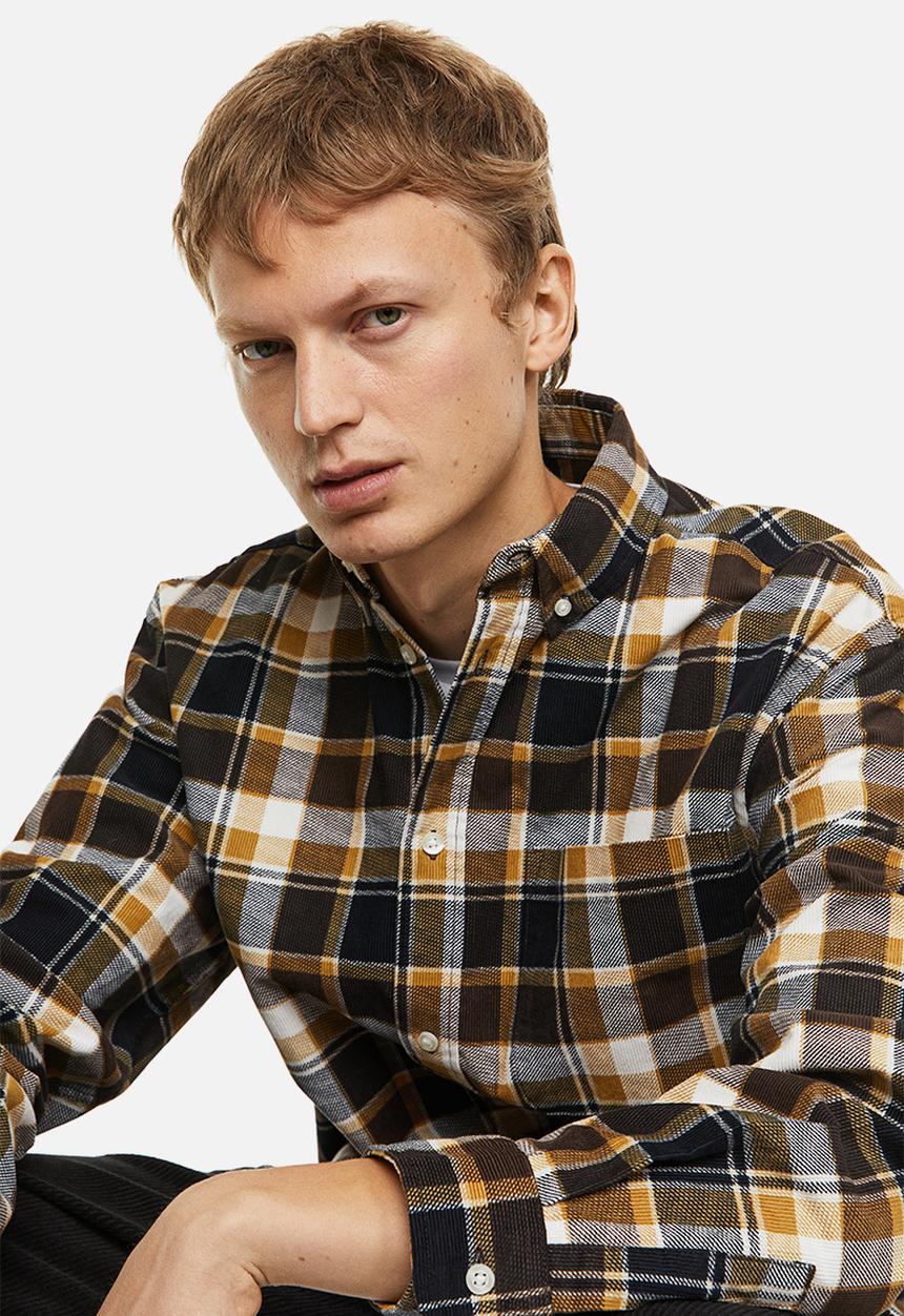 H&M - Relaxed fit corduroy shirt - yellow/black checked