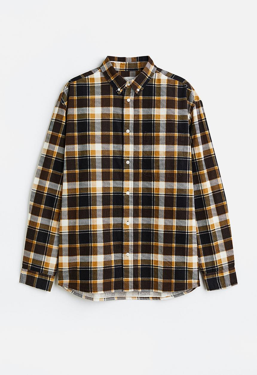 H&M - Relaxed fit corduroy shirt - yellow/black checked