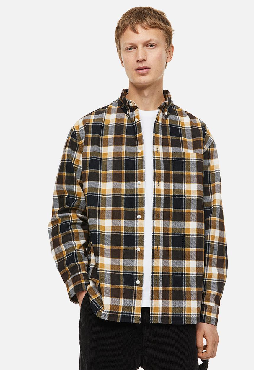 H&M - Relaxed fit corduroy shirt - yellow/black checked