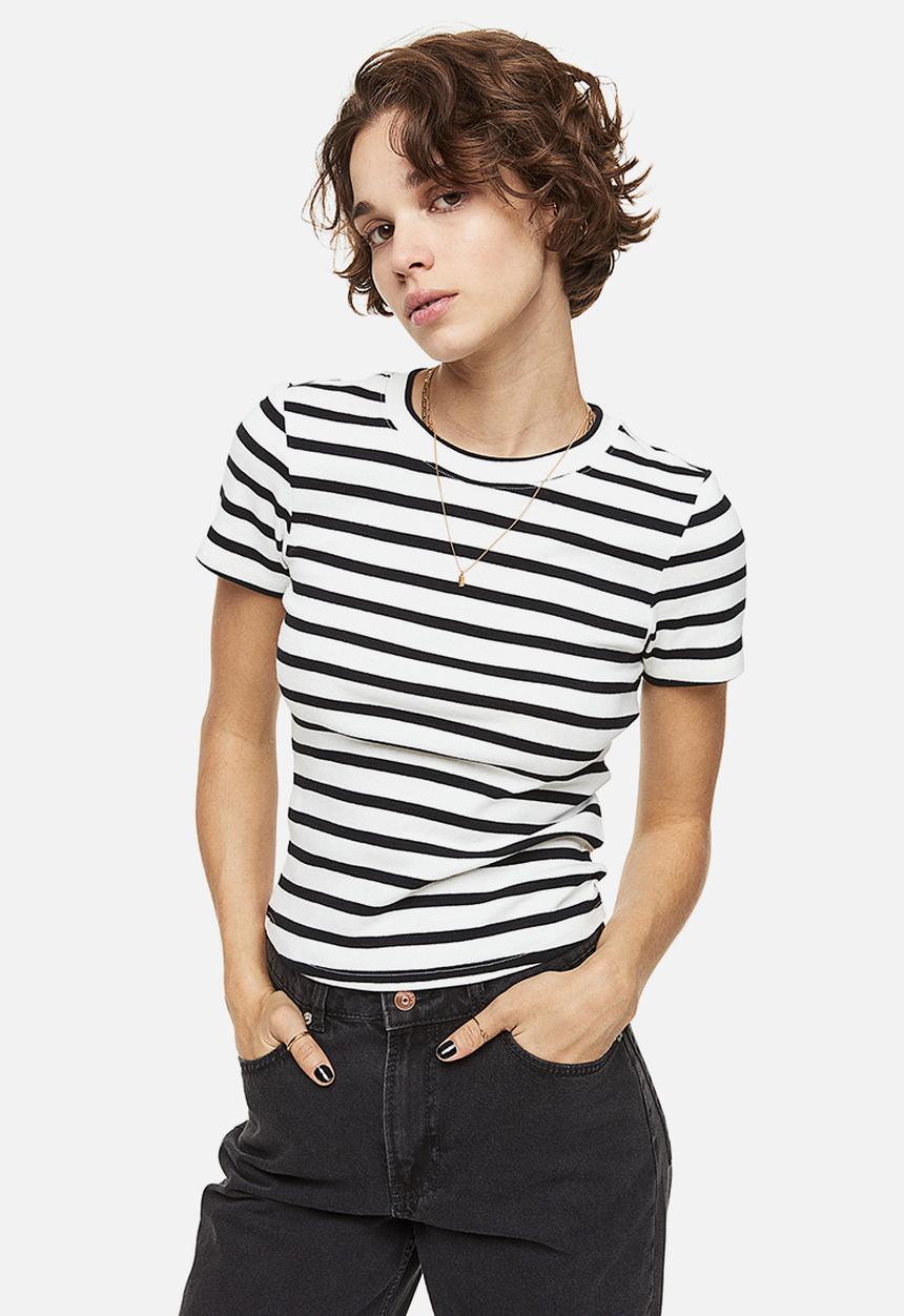 H&M - Fitted cotton top - white/striped