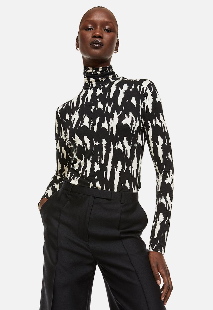 H&M - Polo-neck top - black/patterned 