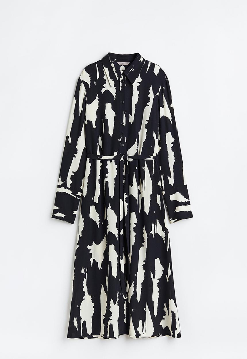 H&M - Tie-belt shirt dress - black/patterned
