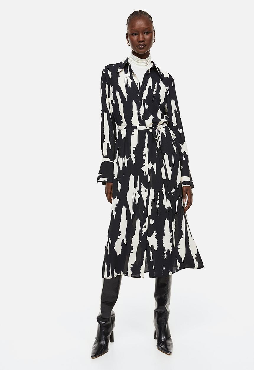 H&M - Tie-belt shirt dress - black/patterned