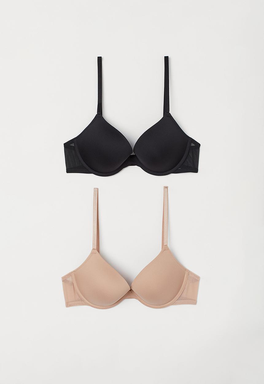H&M - 2-Pack microfibre push-up bras - light beige/black