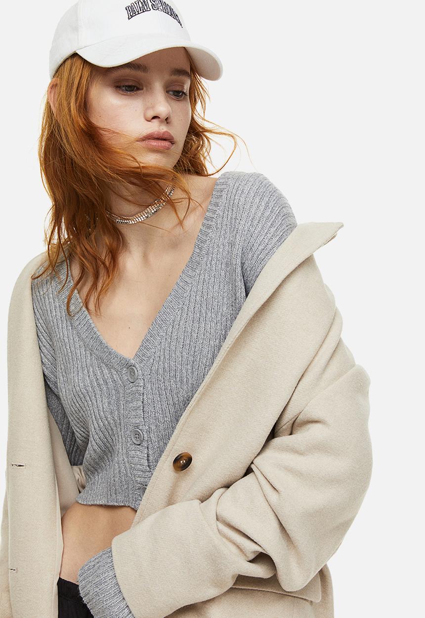 H&M - Cropped rib-knit cardigan - grey marl