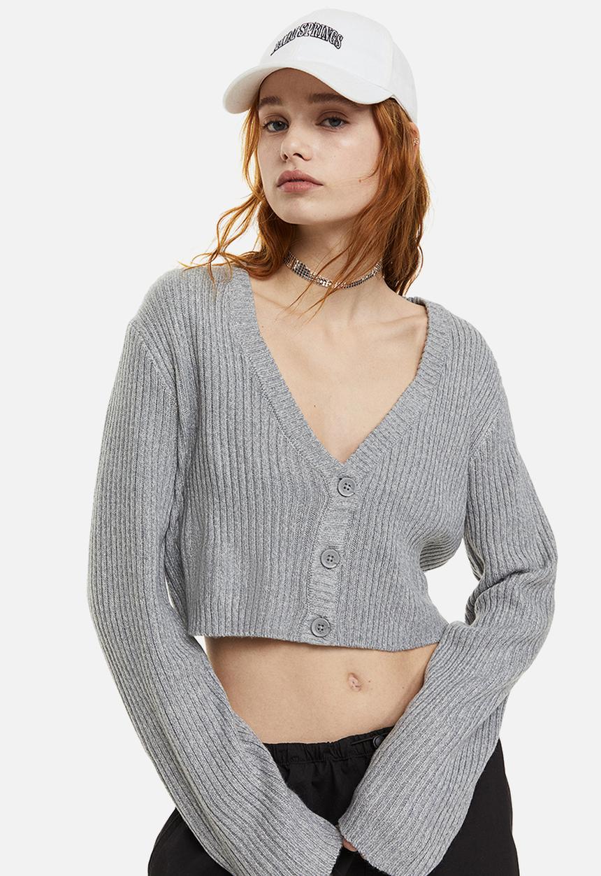 H&M - Cropped rib-knit cardigan - grey marl