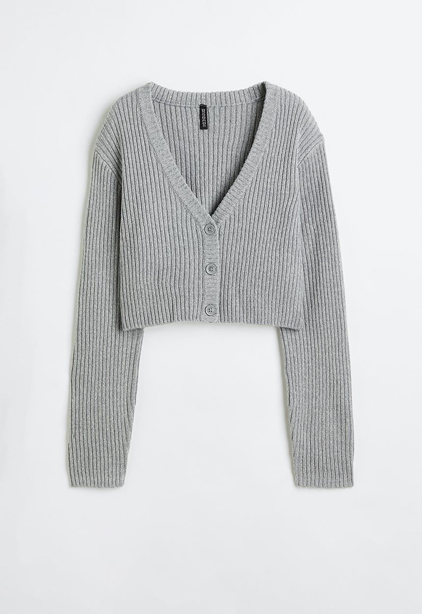 H&M - Cropped rib-knit cardigan - grey marl