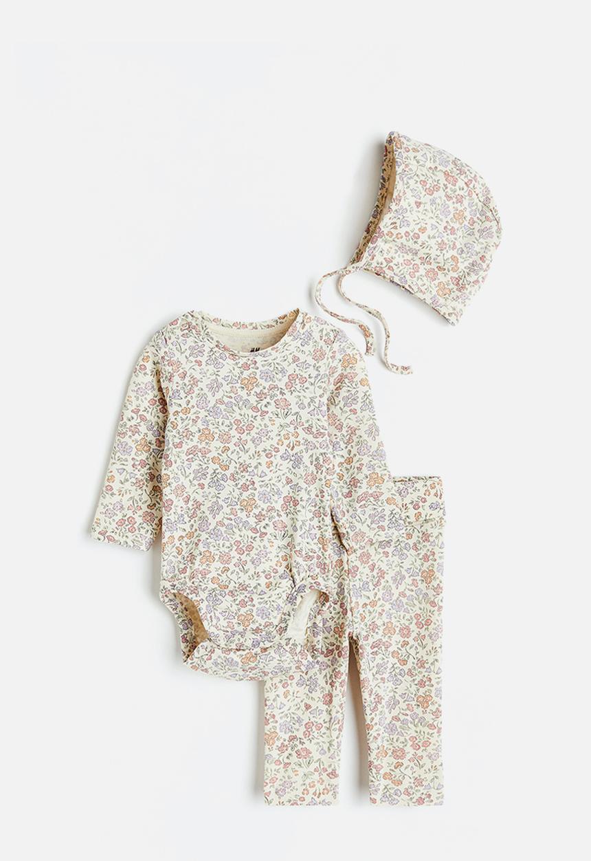 H&M - 3-piece cotton set - light beige/floral 