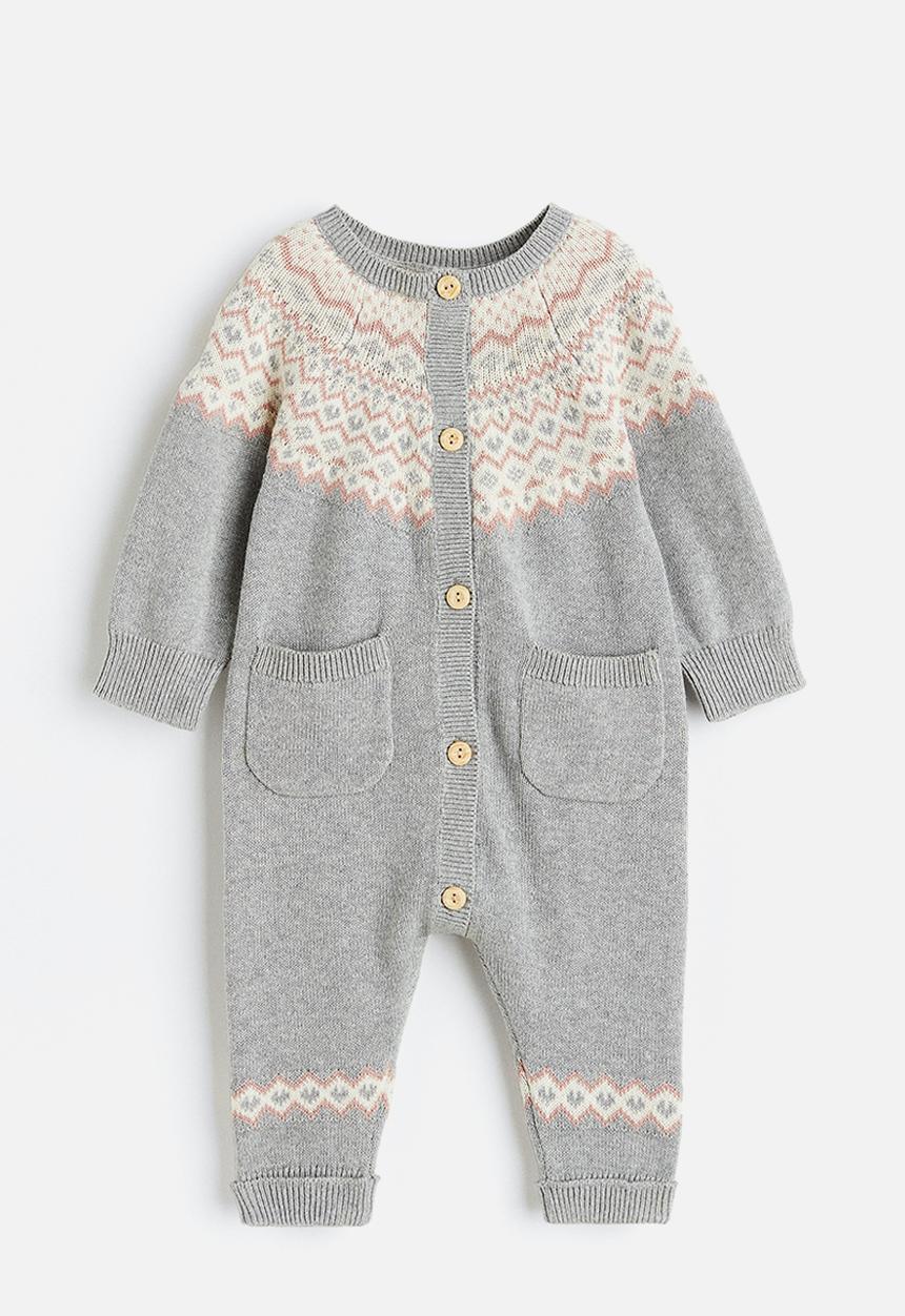 H&M - Knitted cotton all-in-one suit - light grey/patterned