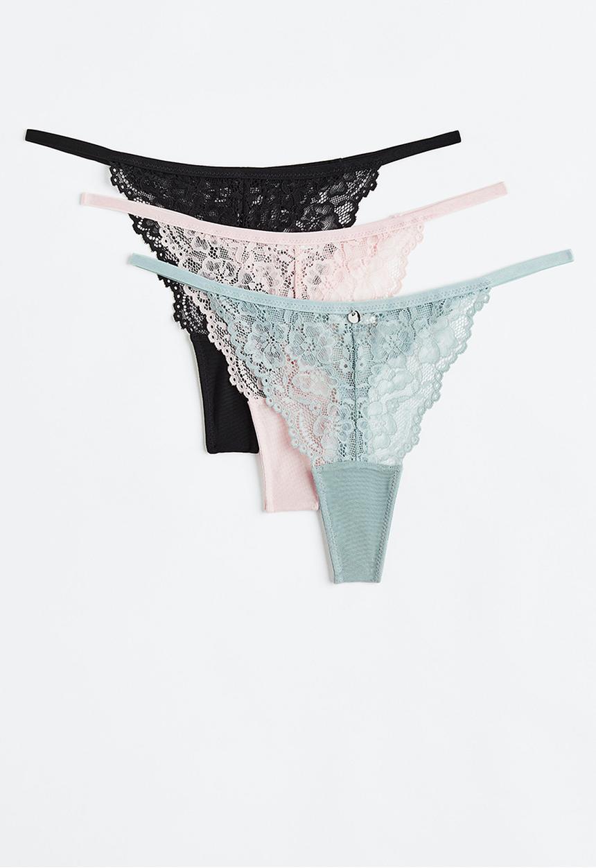 H&M - 3-pack lace thong briefs - light turquoise/light pink/black