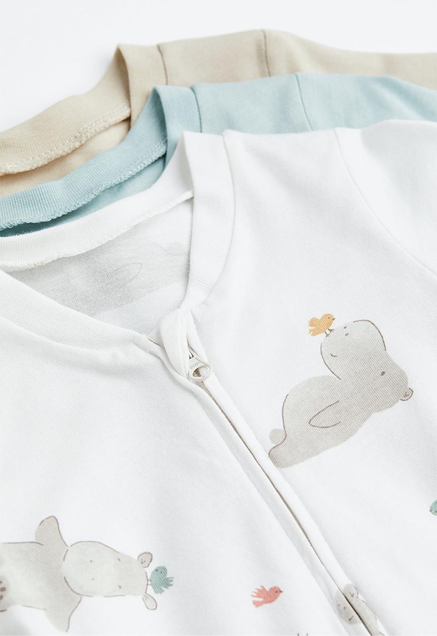 H&M - 3 Pack zip-up all-in-one pyjamas - light turquoise/hippos
