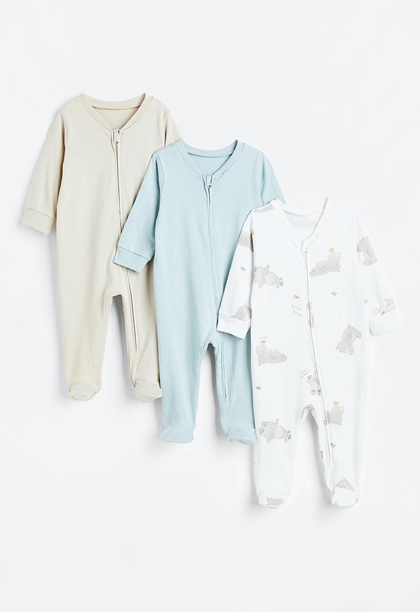 H&M - 3 Pack zip-up all-in-one pyjamas - light turquoise/hippos