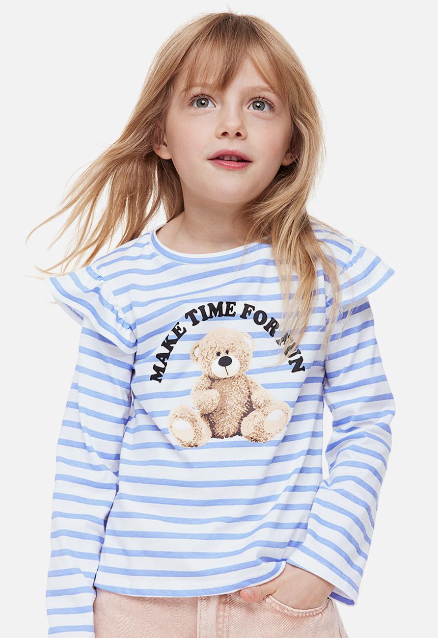 H&M - Flounce-trimmed top - light blue/teddy bear