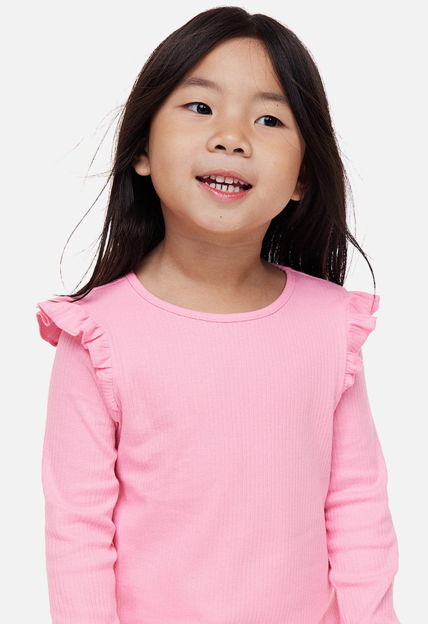 H&M - Flounce-trimmed ribbed top - light pink