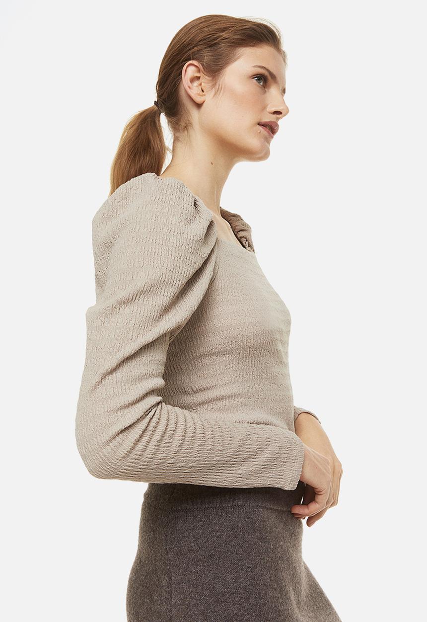 H&M - Crinkled puff-sleeved top - beige