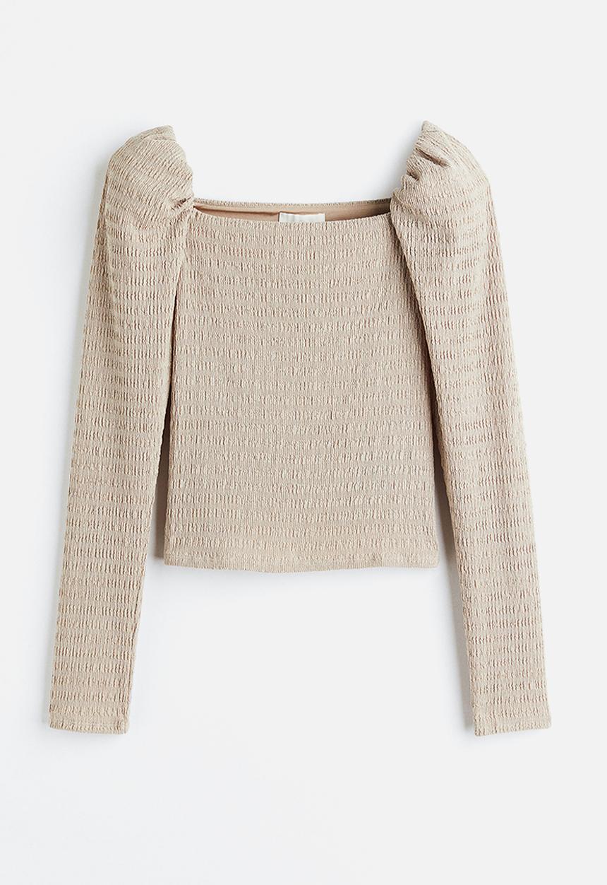 H&M - Crinkled puff-sleeved top - beige