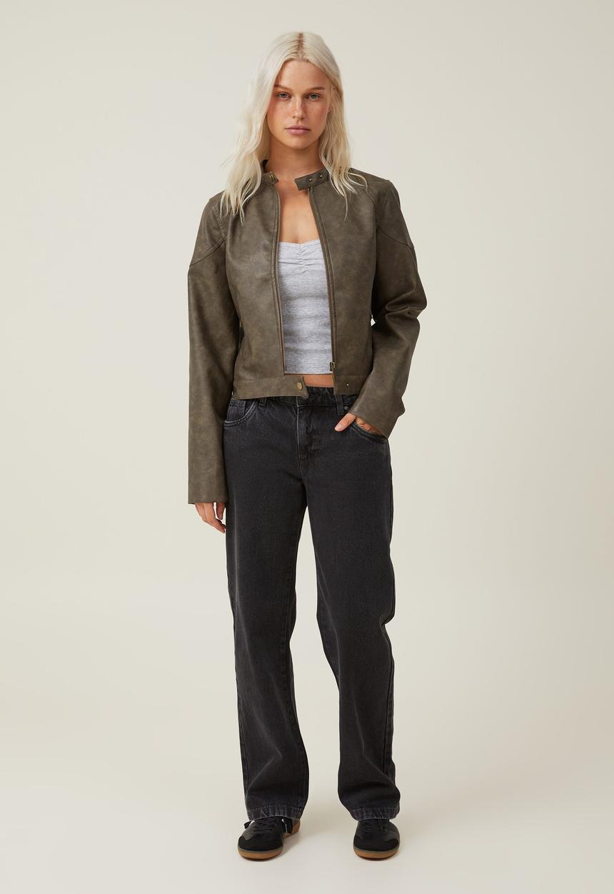 Cotton On - Faux leather moto jacket - vintage brown