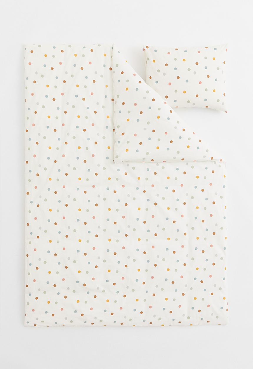 H&M - Cotton single duvet cover set - white/spotted