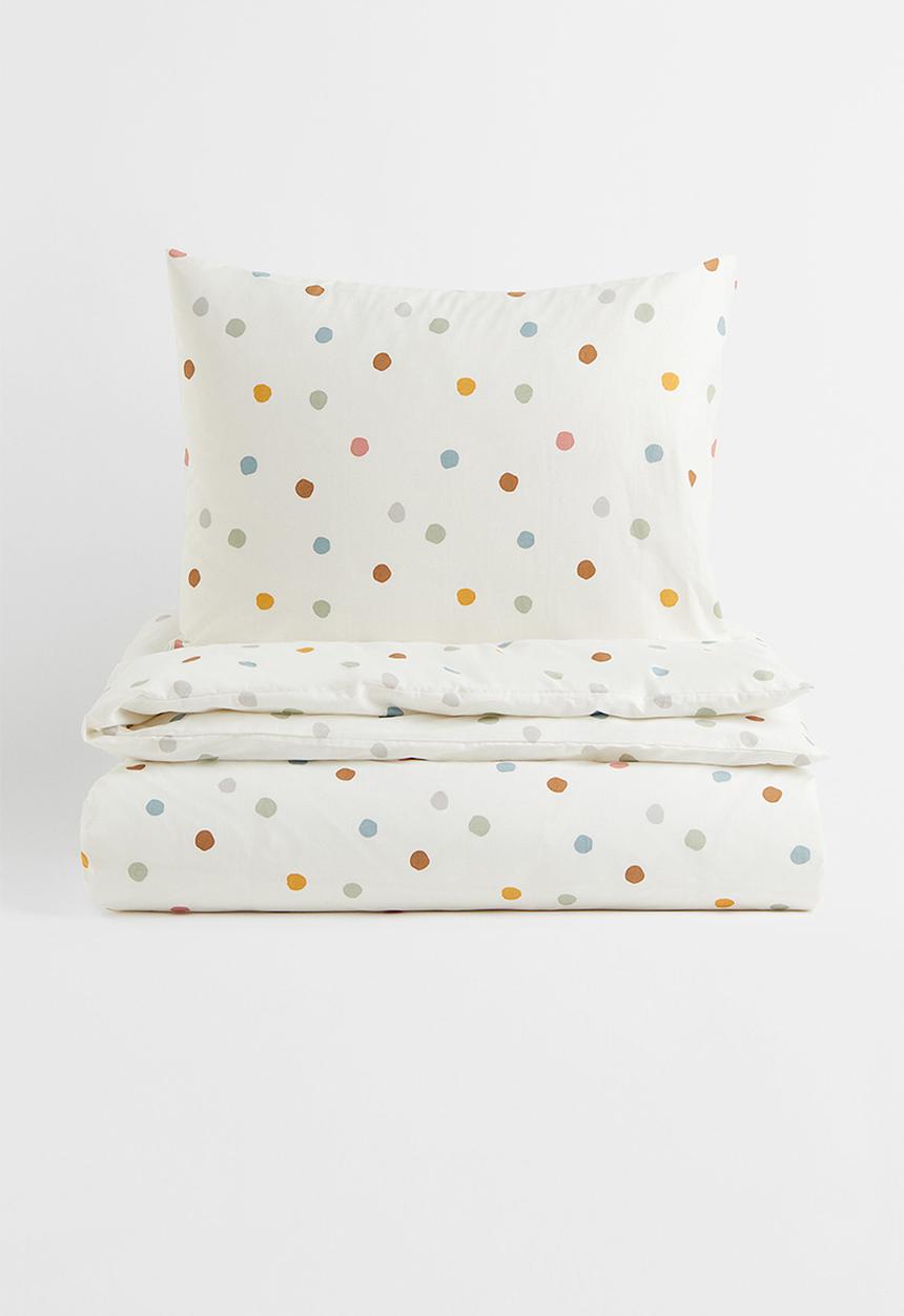 H&M - Cotton single duvet cover set - white/spotted