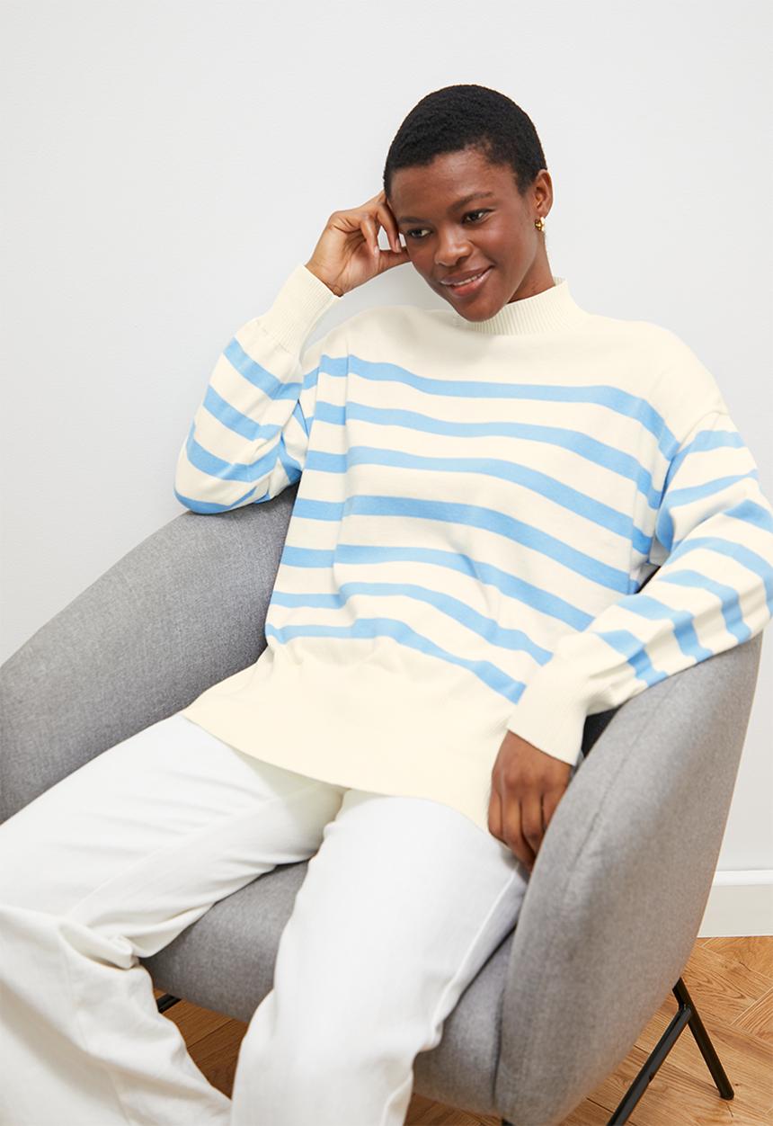edit - Stripe funnel neck - mid blue & ecru