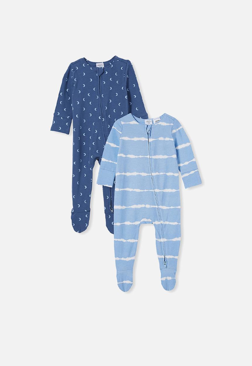Cotton On - 2 pack long sleeve zip romper - petty blue moons/dusty blue linear tie dye