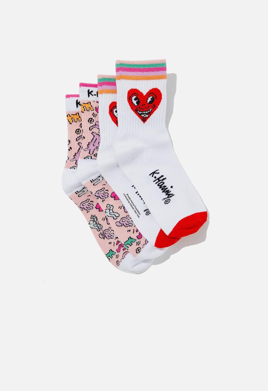 Cotton On - 2 Pack lcn crew sock - lcn kei white marshmallow pink/keith haring