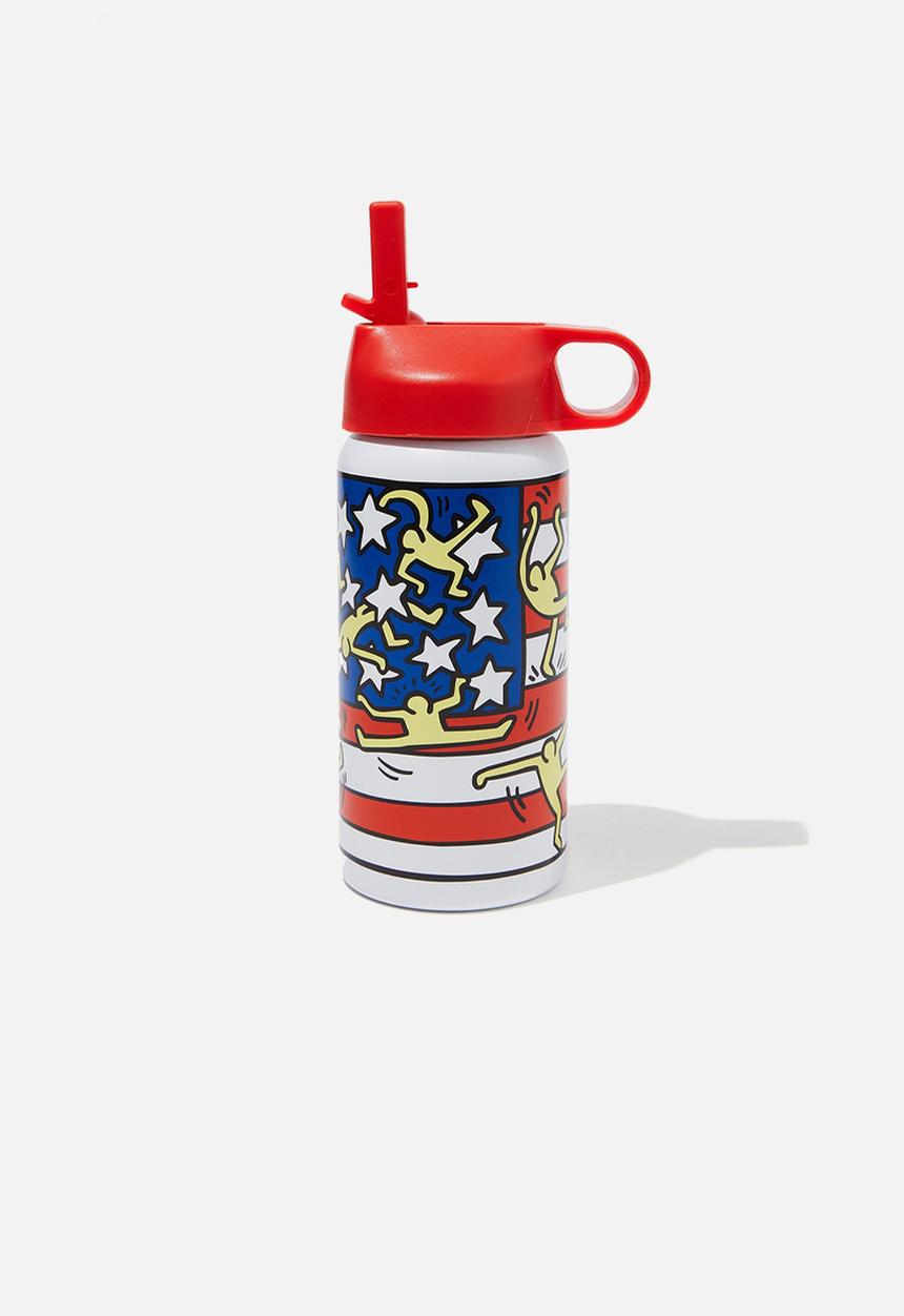 Cotton On - Kids metal drink bottle - lcn kei keith haring flag/red lid