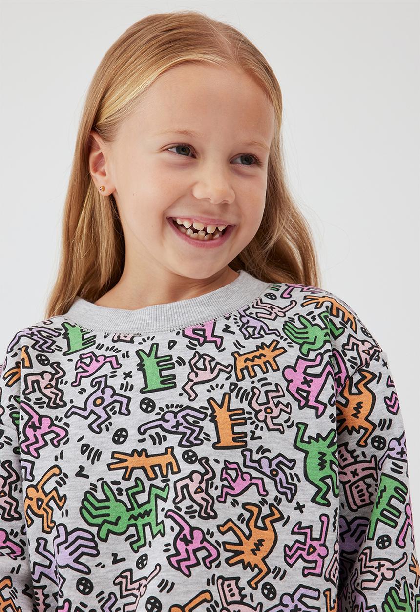 Cotton On - License dusty fleece crew neck - lcn kei keith haring dance/light grey marle