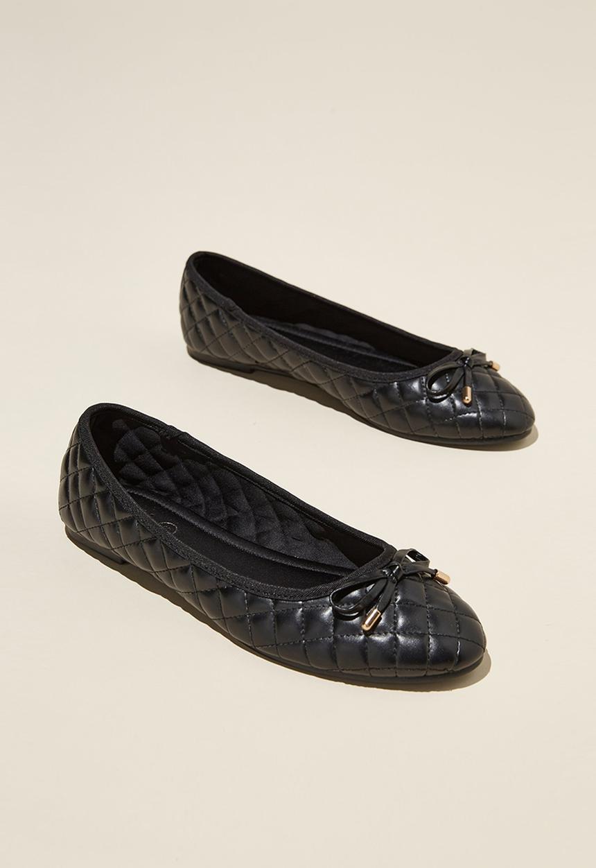 Cotton On - Emma Bow Ballerina - Black Quilted Pu