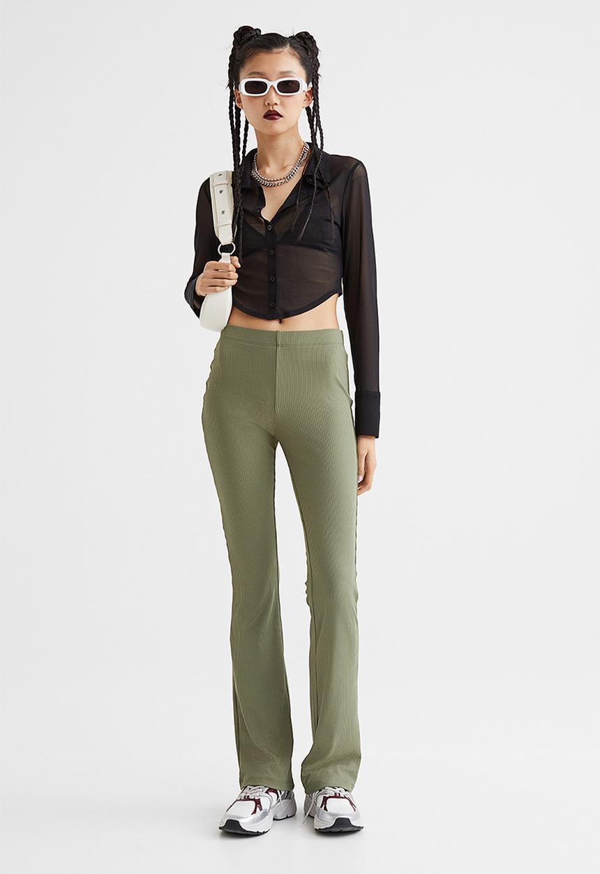 H&M - Ribbed jazz trousers - khaki green 