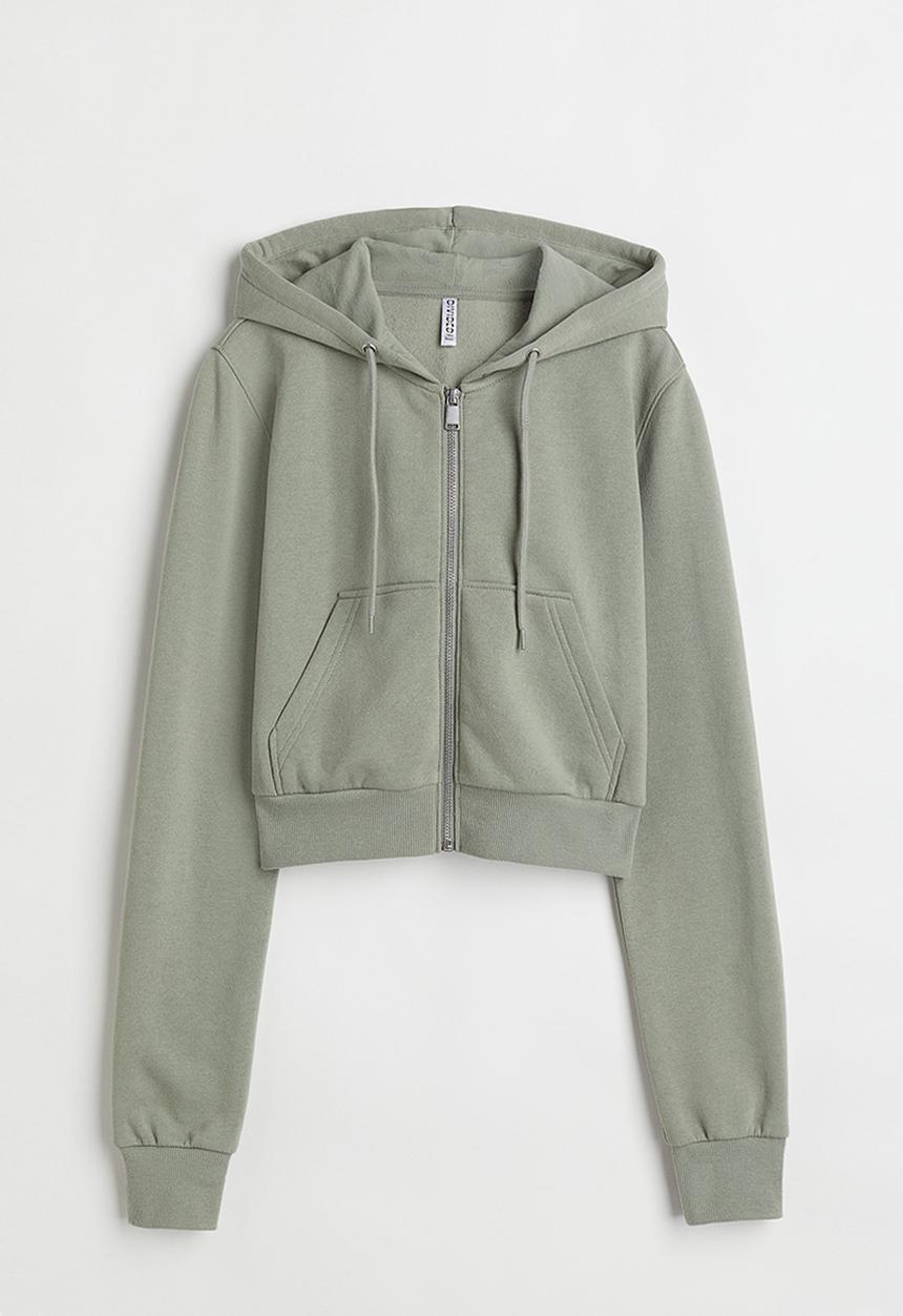 H&M - Cropped zip-through hoodie - light khaki green 