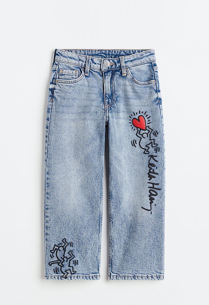 H&M - Keith Haring x H&M: Printed wide fit jeans - light denim blue
