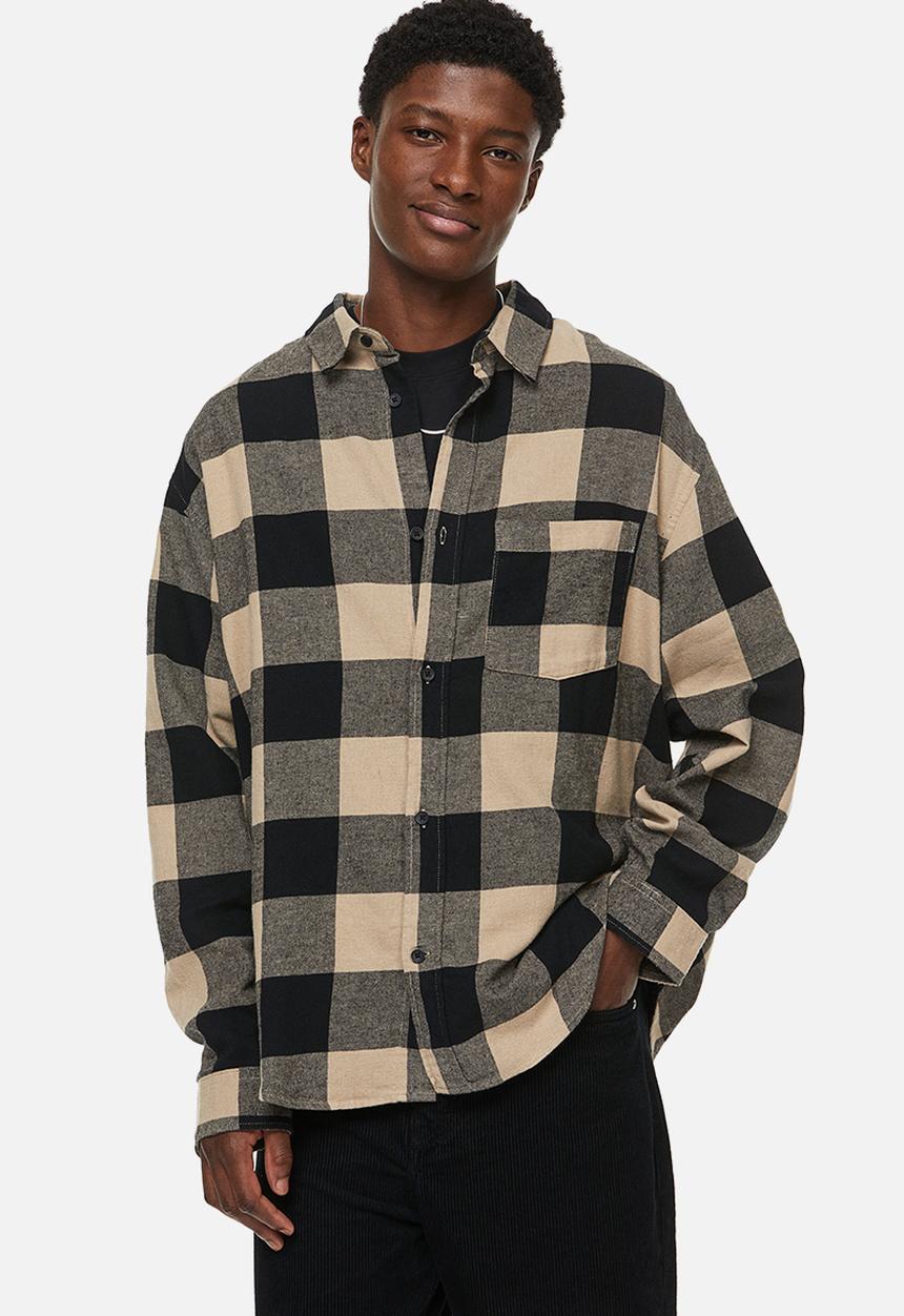 H&M - Relaxed fit flannel shirt - beige/black 
