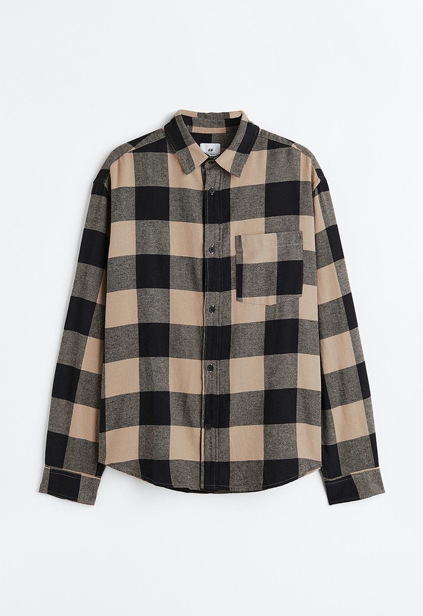 H&M - Relaxed fit flannel shirt - beige/black 