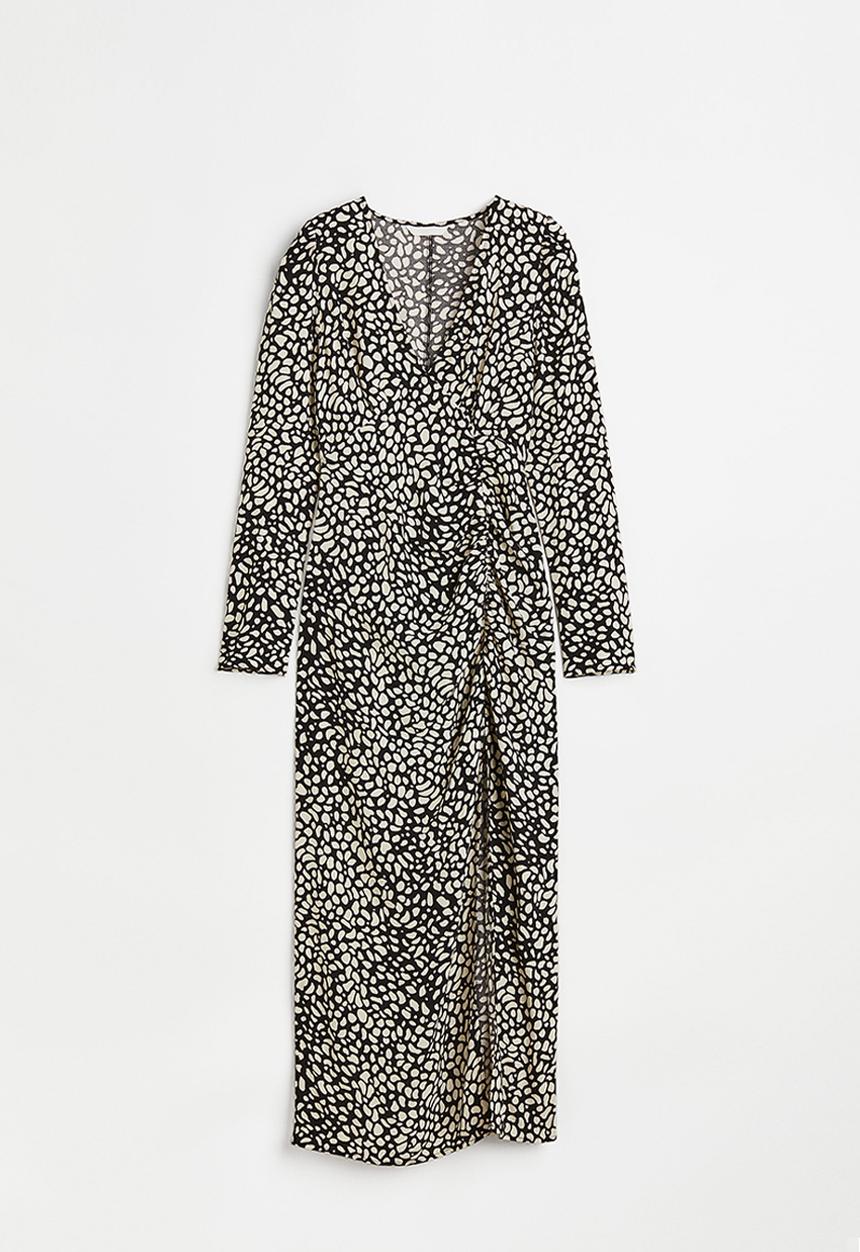 H&M - Puff-sleeved crêpe dress - black/patterned