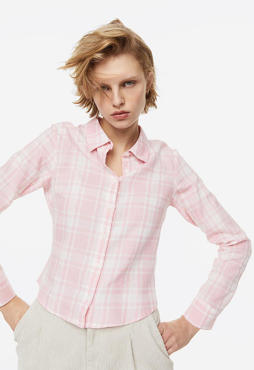 H&M - Fitted cotton shirt - light pink/checked