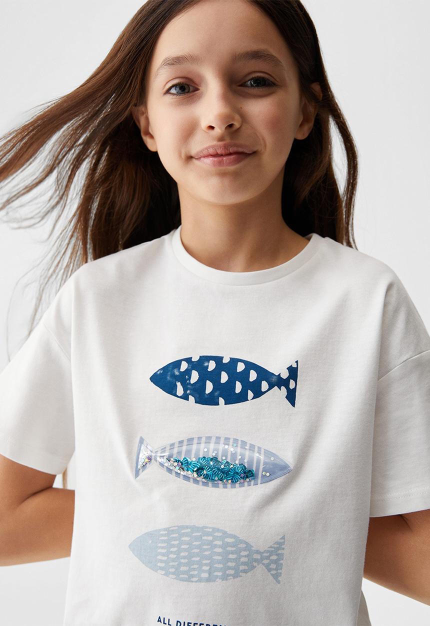 MANGO - T-shirt fish - white