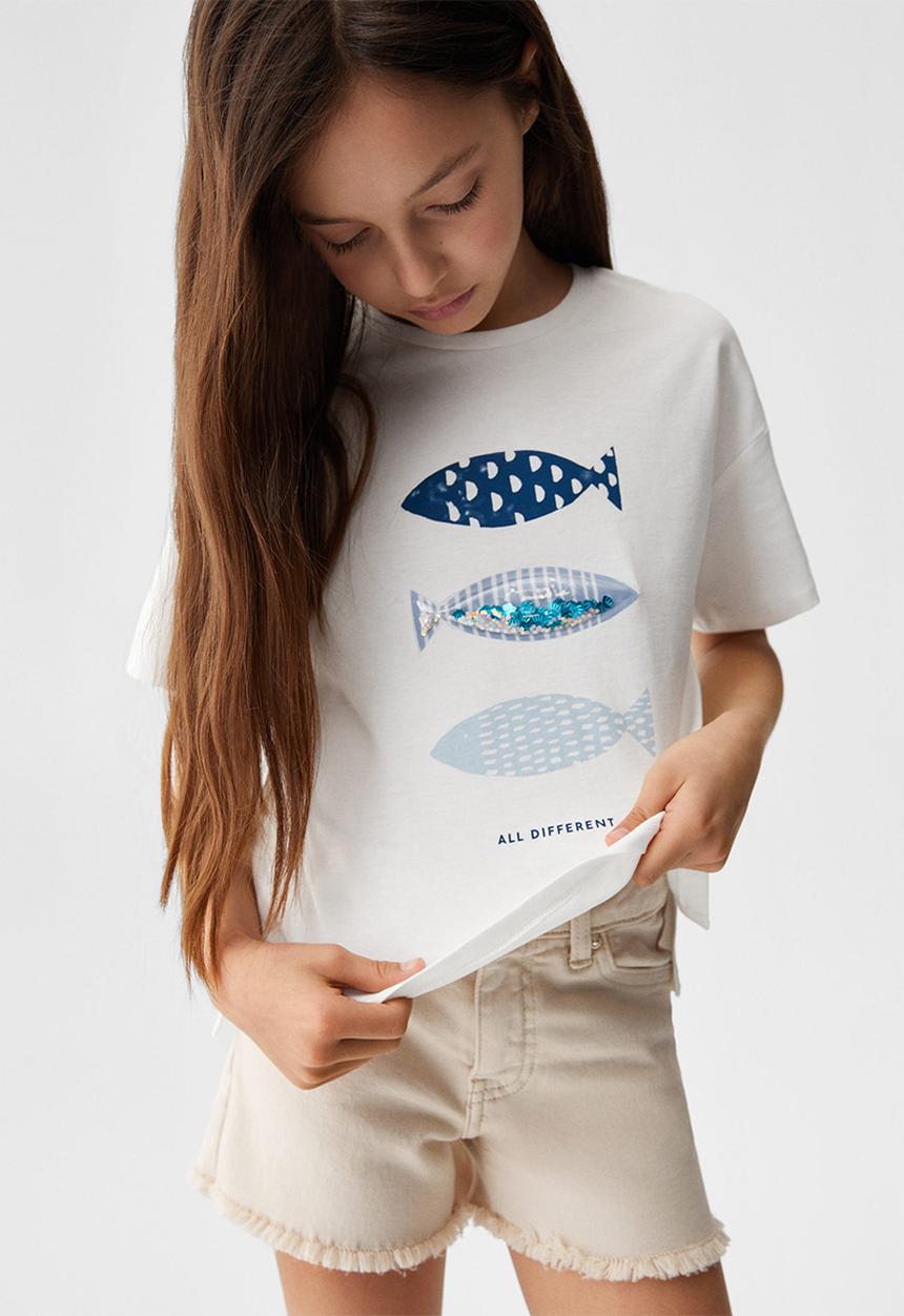 MANGO - T-shirt fish - white