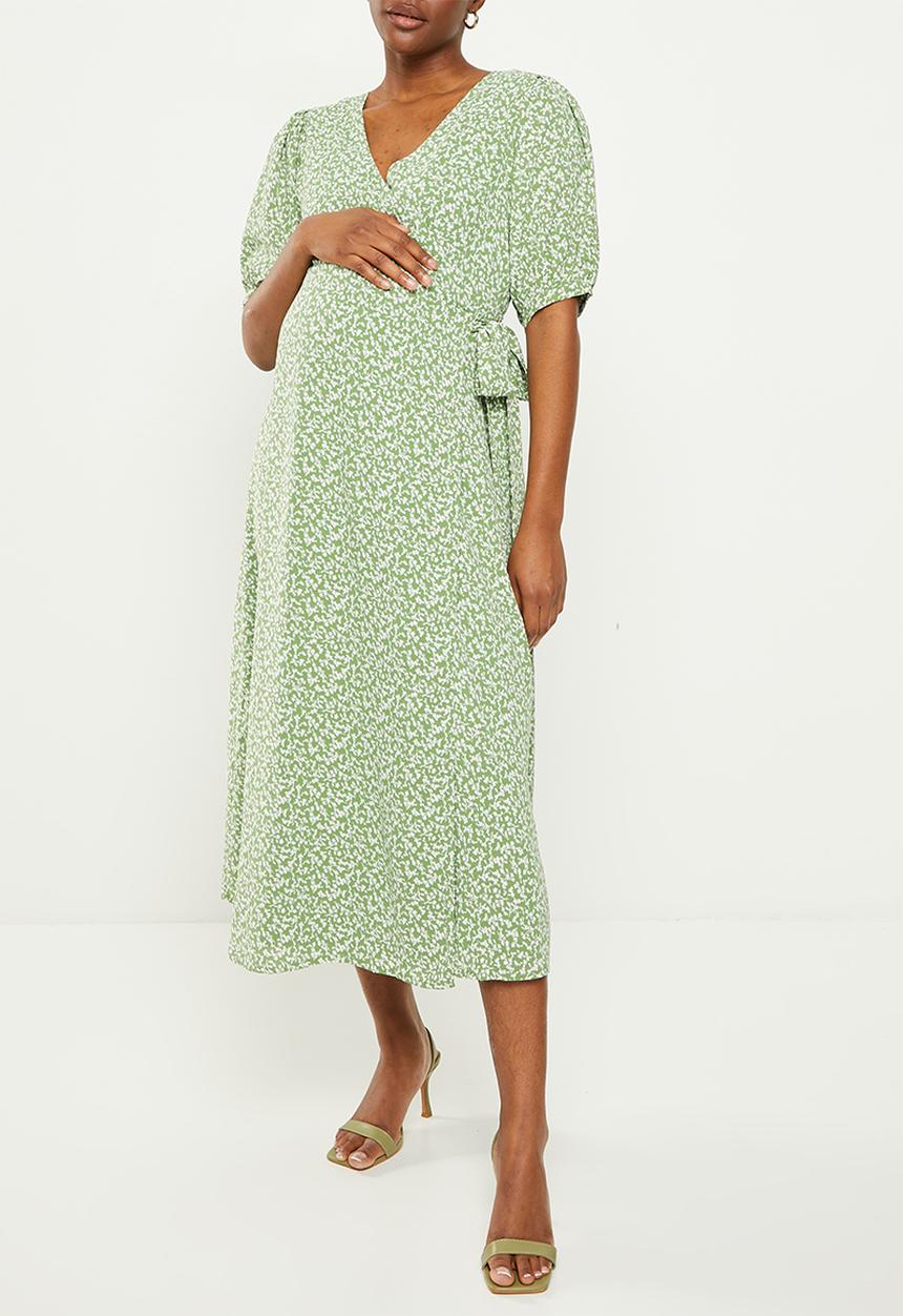 Glamorous - Maternity bloom midi wrap dress - green/white