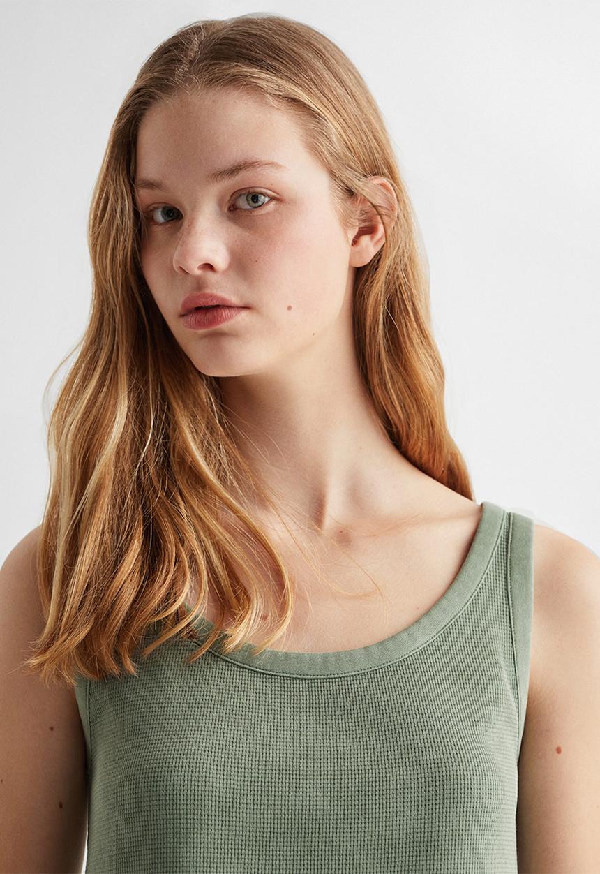 MANGO - Top waffle - khaki