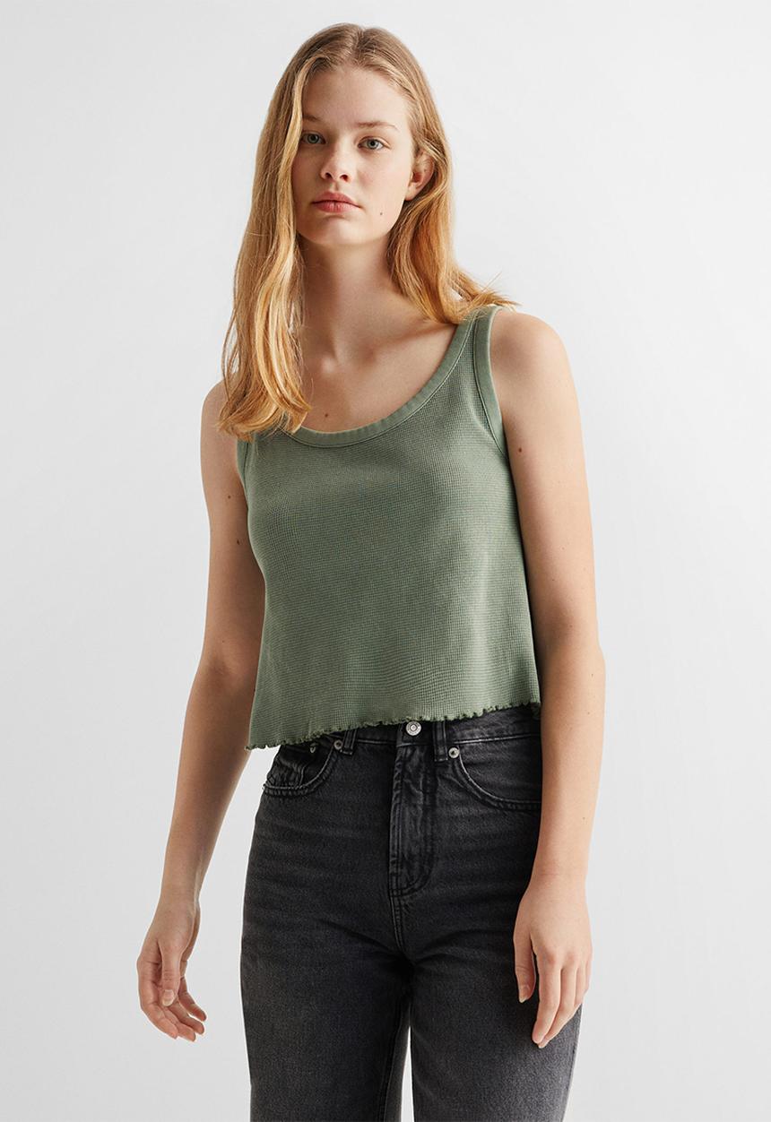MANGO - Top waffle - khaki