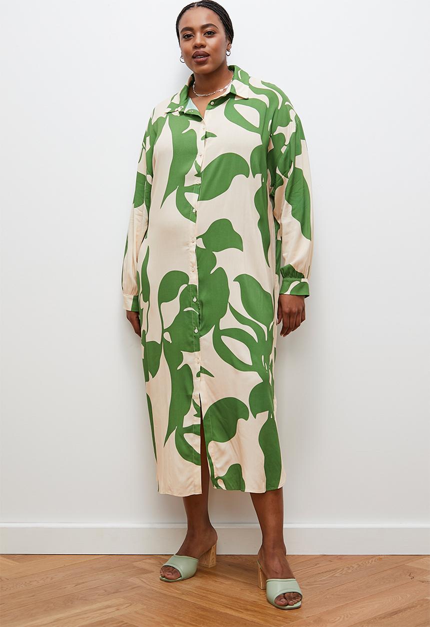 edit - Column collar shirt dress -ecru/green tropical
