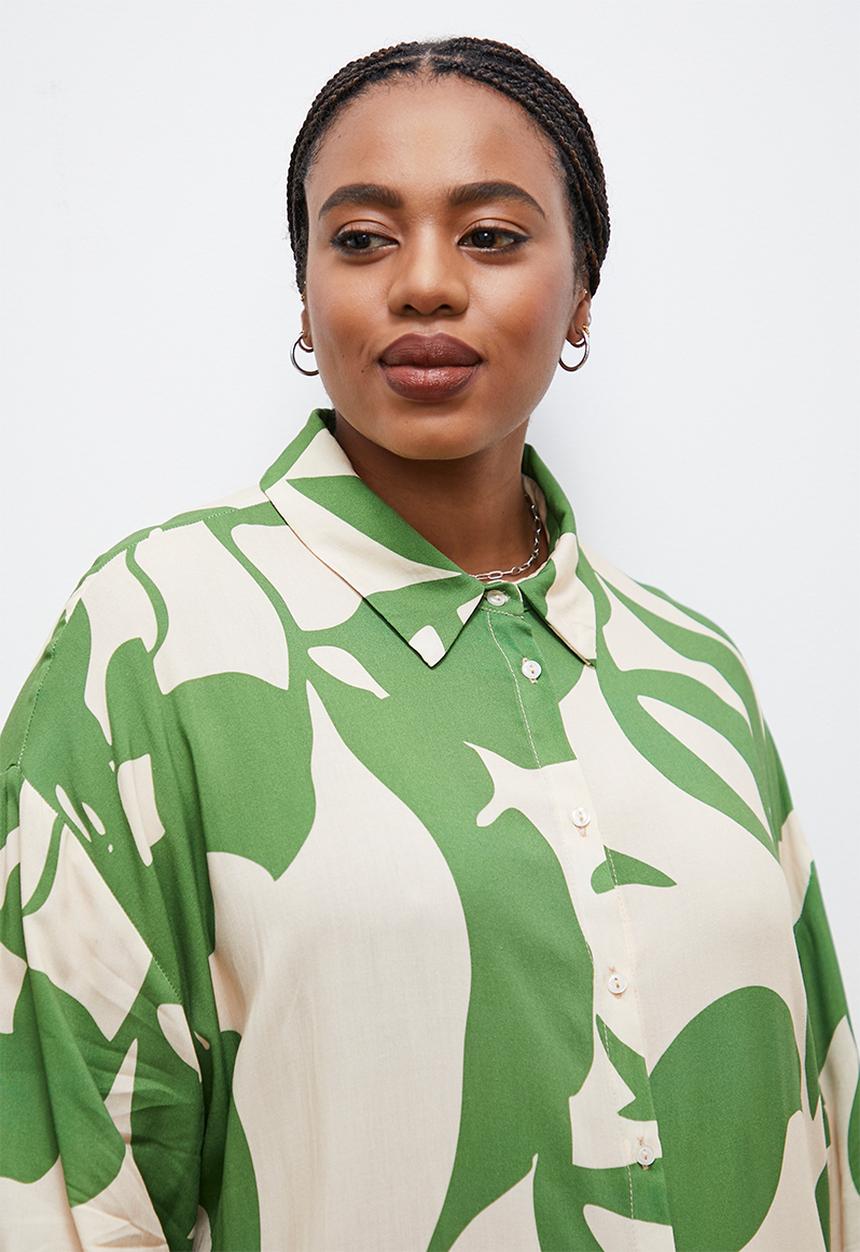 edit - Column collar shirt dress -ecru/green tropical