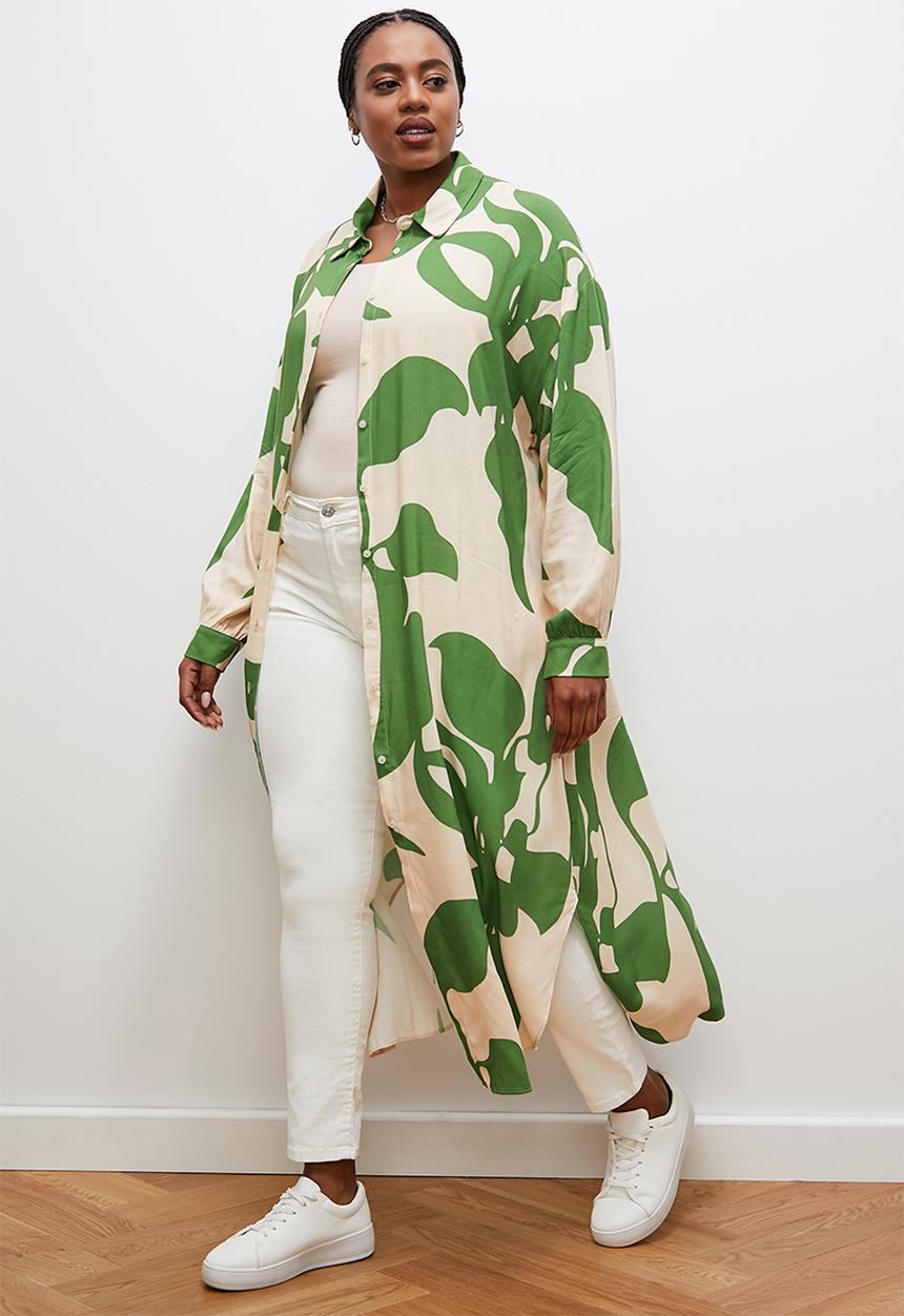 edit - Column collar shirt dress -ecru/green tropical