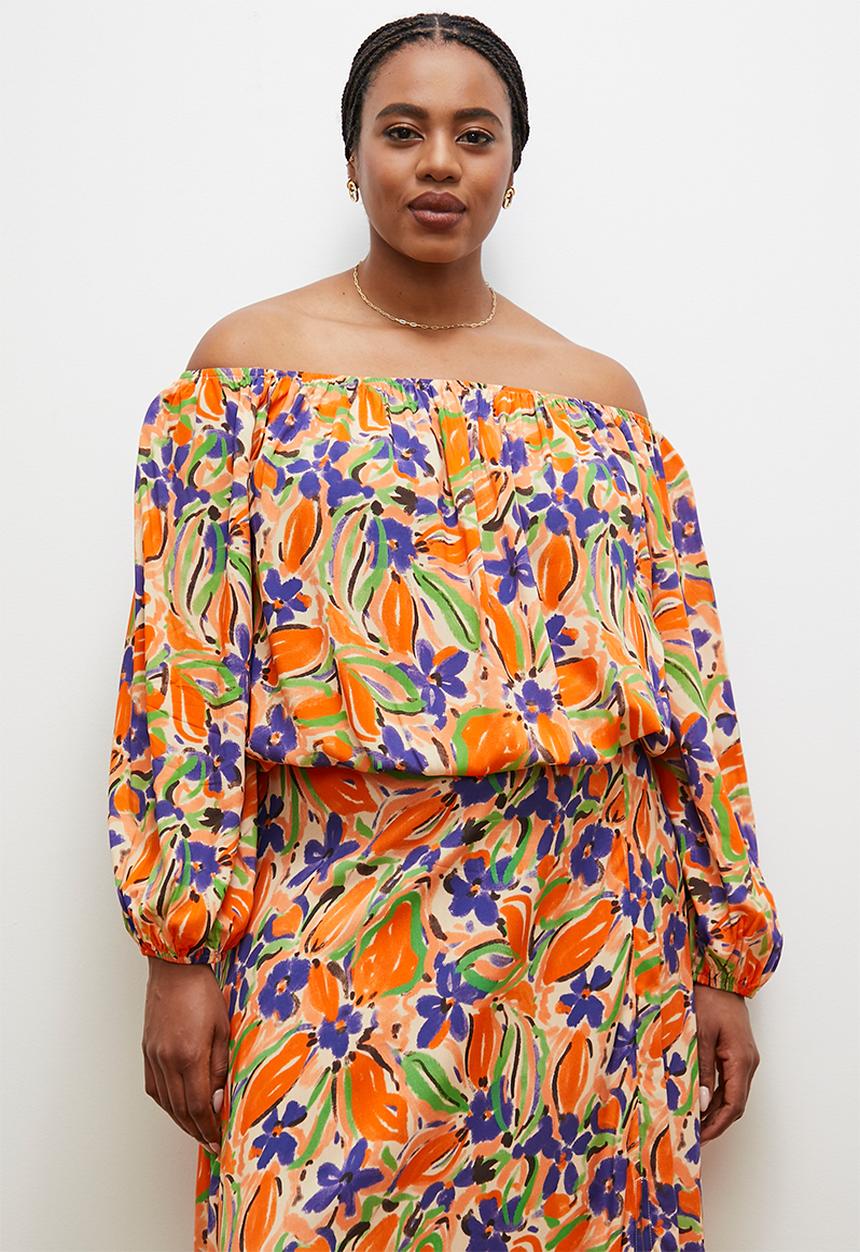 edit - Off the shoulder peasant blouse -orange blue textured floral