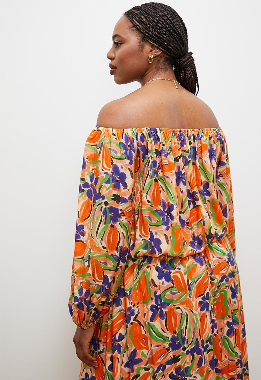 edit - Off the shoulder peasant blouse -orange blue textured floral