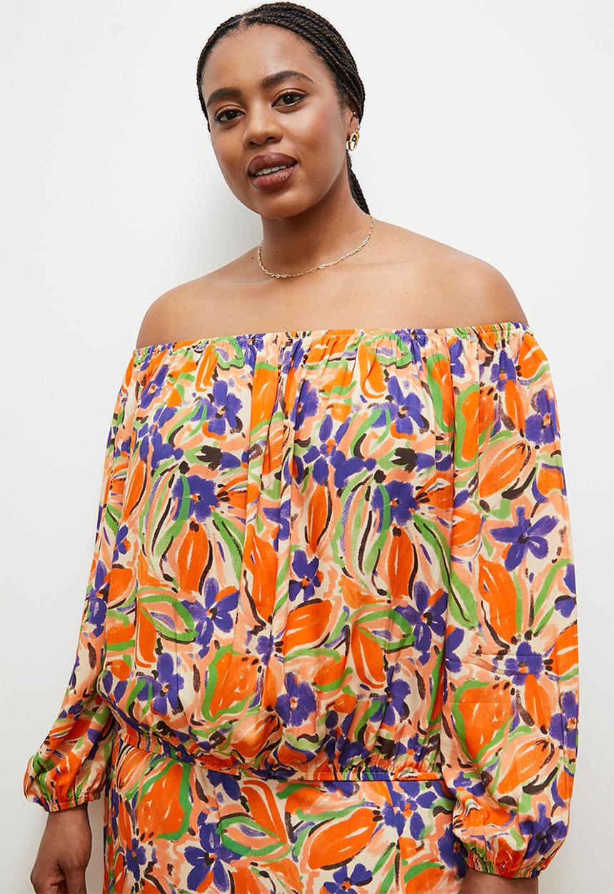 edit - Off the shoulder peasant blouse -orange blue textured floral