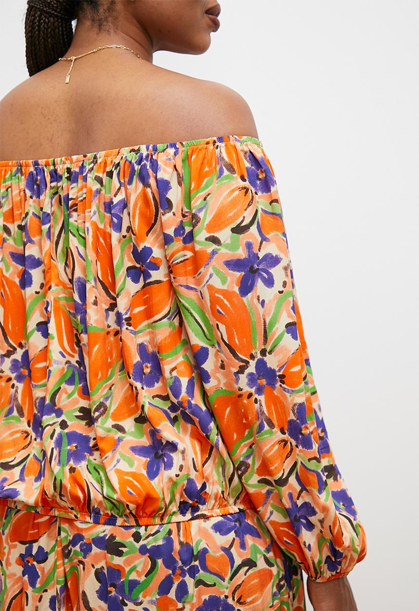 edit - Off the shoulder peasant blouse -orange blue textured floral