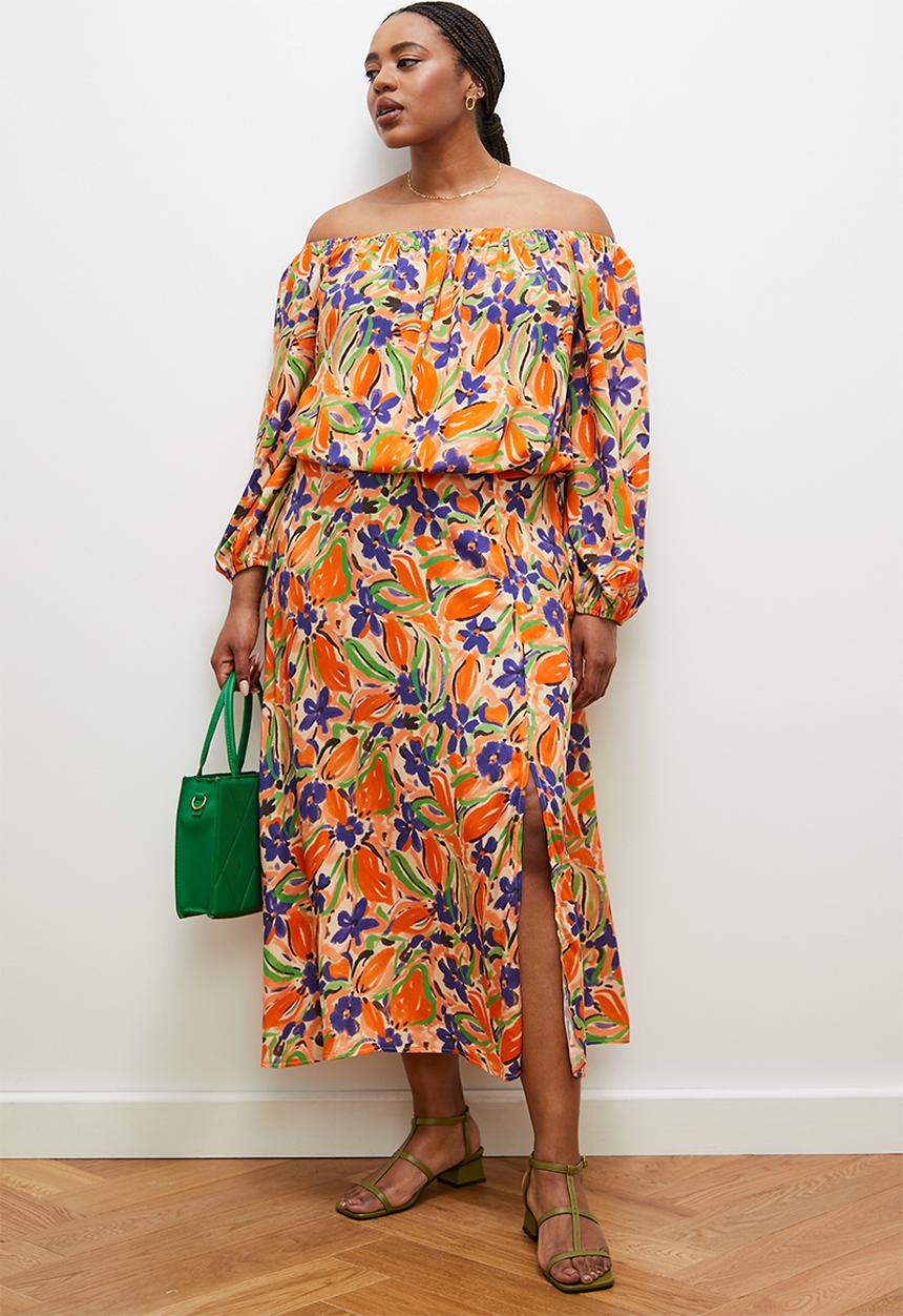 edit - Off the shoulder peasant blouse -orange blue textured floral