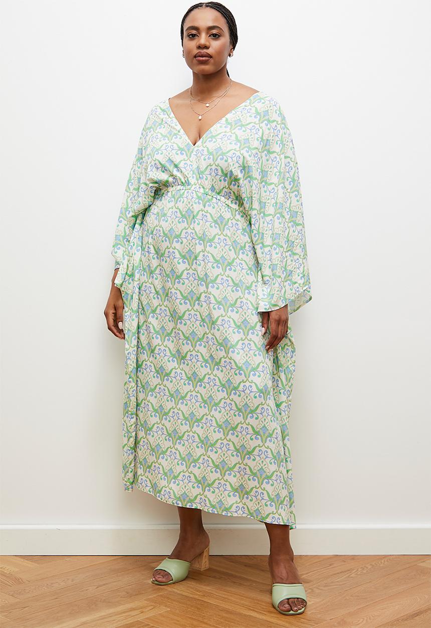 edit - Soft waist empire midi dress- green ethnic paisley